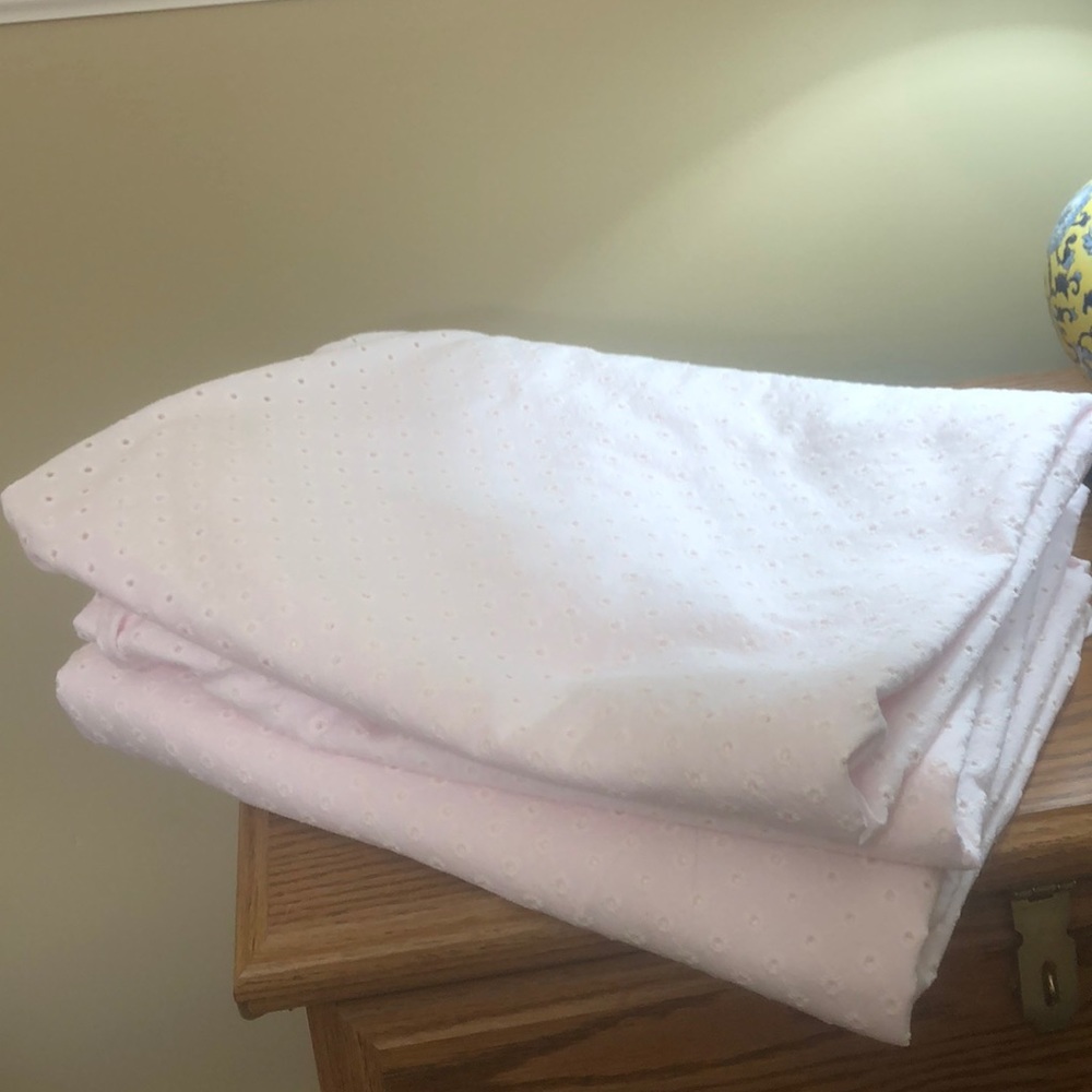 SOLD!! 2 pale Pink eyelet cotton curtain panels 54” x 86”!